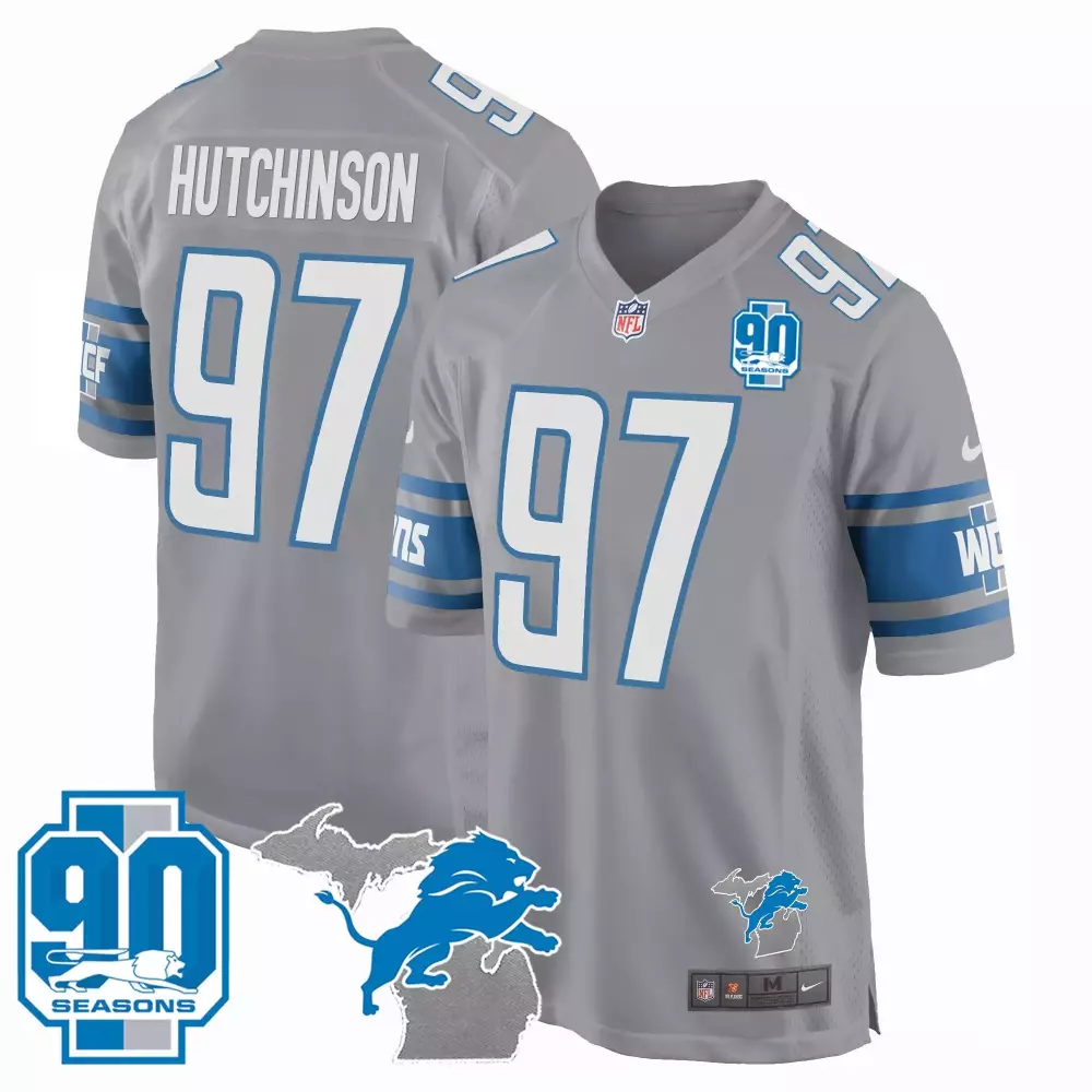 Hutchinson Year 97 Lions Jersey Grey 90 Seasons Men Standard White Blue Game All