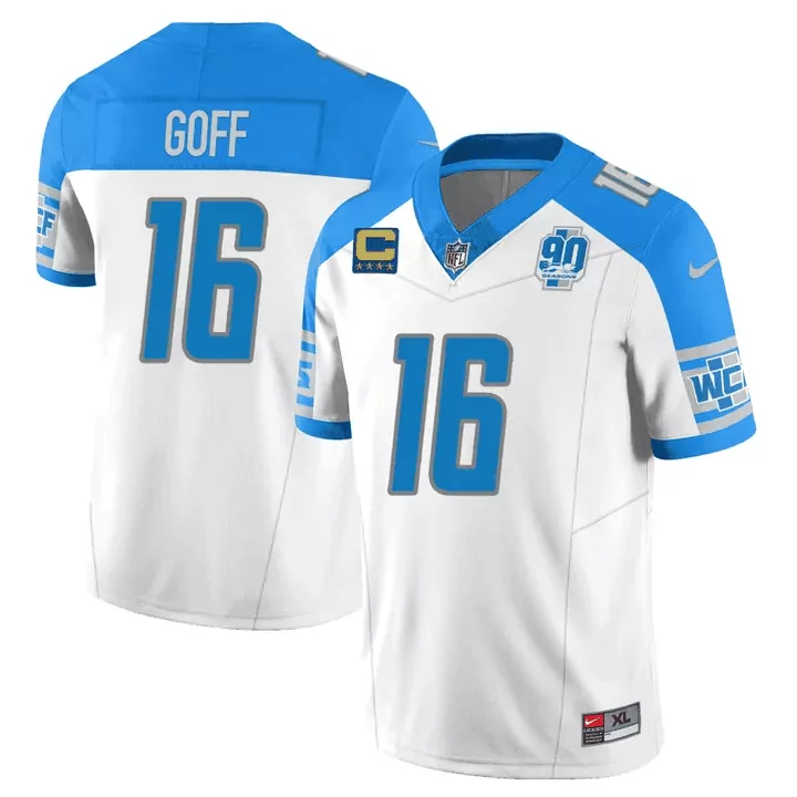 Jared Goff 16 Detroit Lions Jersey White 90 Seasons Men Alternate Blue Vapor v2 All