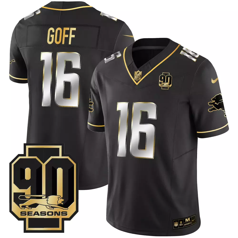 Jared Goff 16 Lions Jersey Black 90 Seasons Men NFL Gold Limited All Stitched