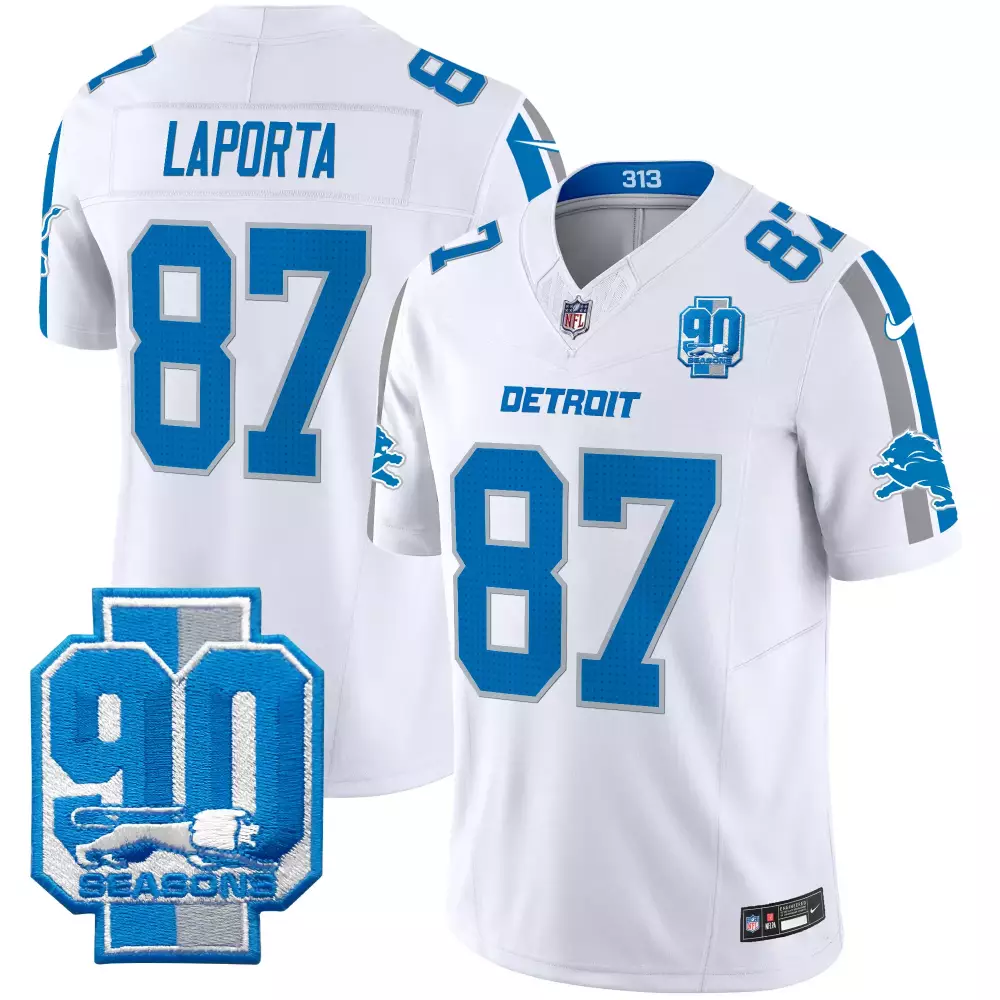 Sam Laporta 87 Detroit Lions Jersey White 90 Seasons Men Player Blue Silver All Stitched