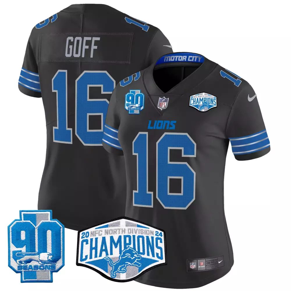 Jared Goff 16 Lions Jersey Black Motor City 90 Seasons 2023 Men Blue White Vapor