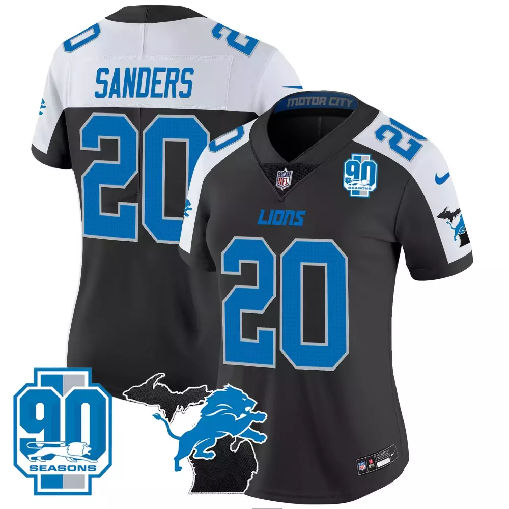 Barry Sanders 20 Lions Jersey Black 90 Seasons Motor City Men Alternate Blue White