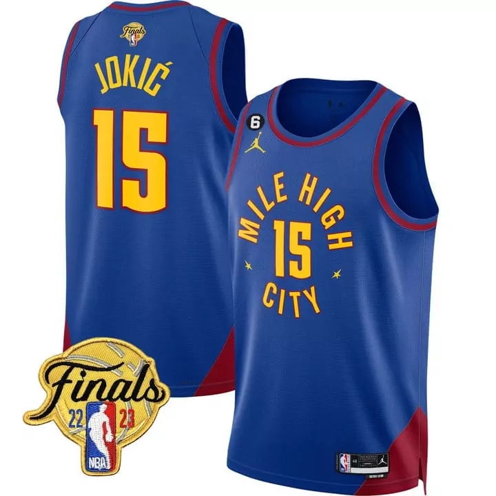 Nikola Jokic 15 Denver Nuggets Jersey Blue Finals 2023 Men Red Yellow All Stitched