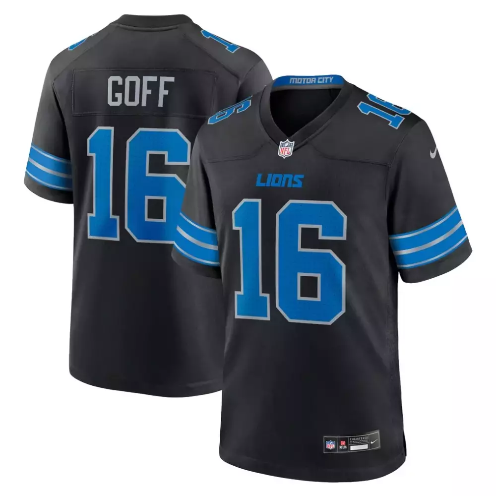 Jared Goff 16 Lions Jersey Black Men NFL Blue Silver Alternate Game