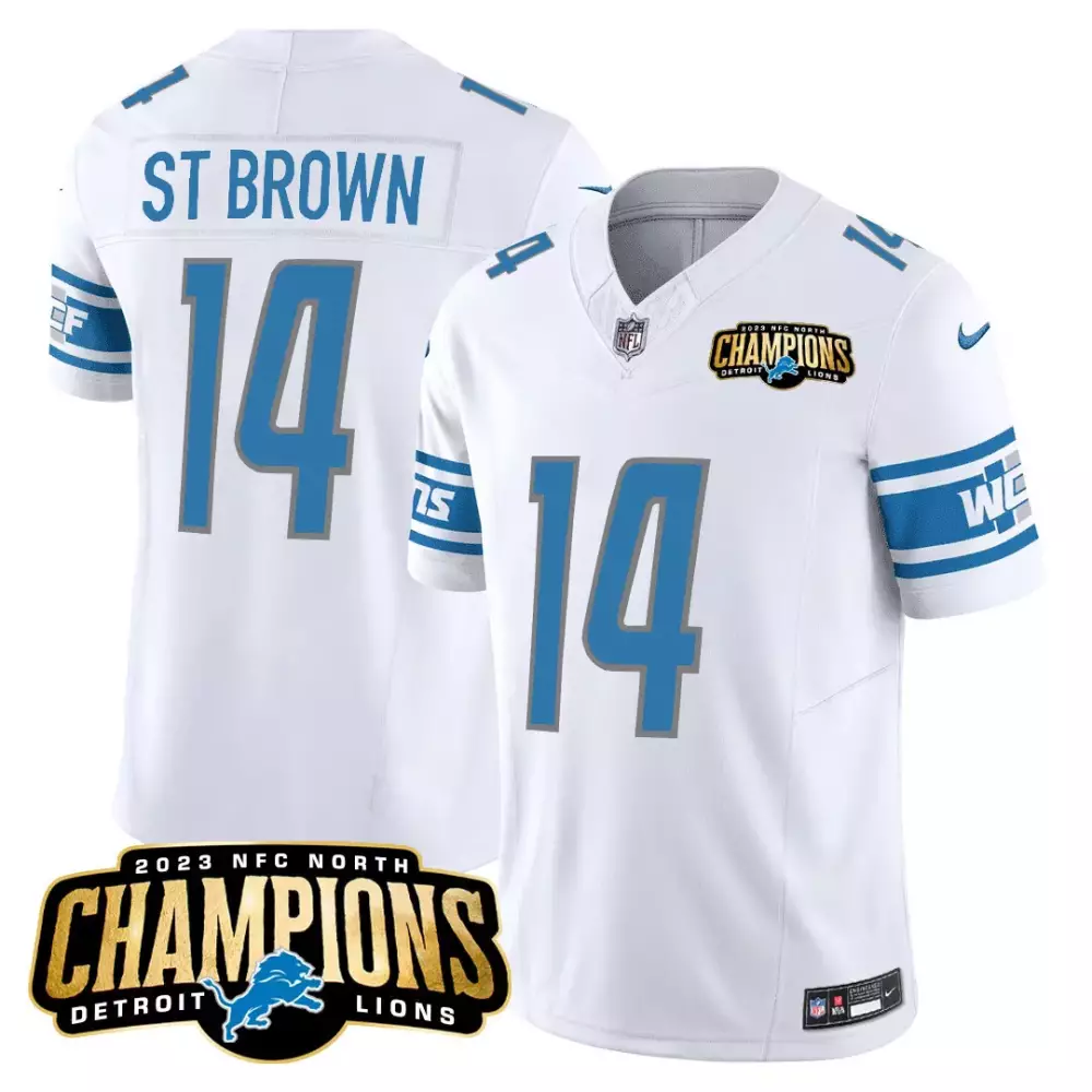 Amon-ra St. 14 Detroit Lions Jersey White 2023 NFC North Champions Men NFL Blue Silver