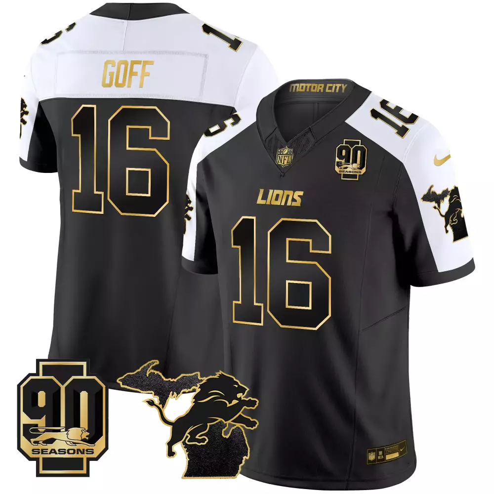 Jared Goff 16 Lions Jersey Black 90th Season 90 Seasons Men Split Design White Gold