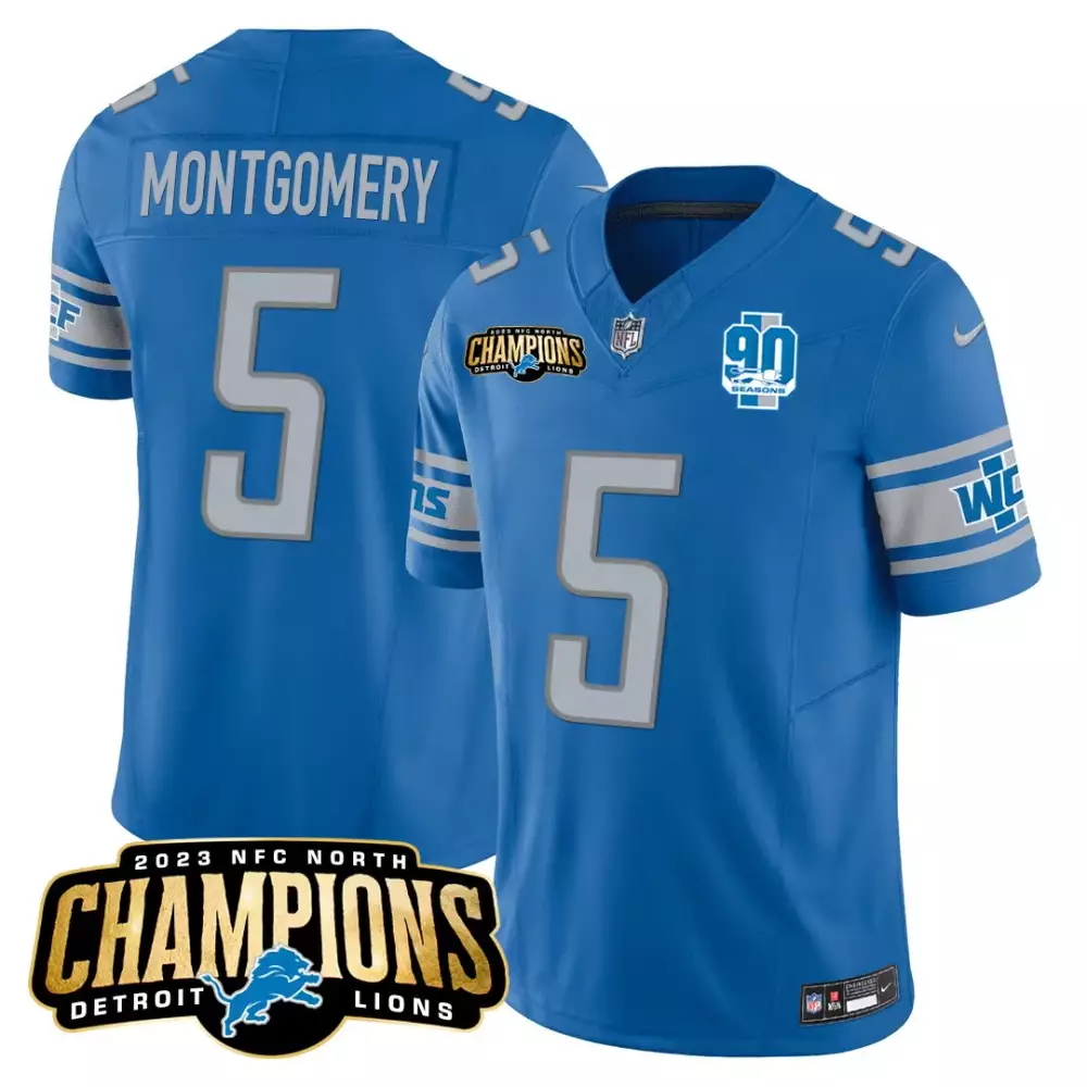 David Montgomery 5 Detroit Lions Jersey Blue 90 Seasons 2023 Men Standard White Grey