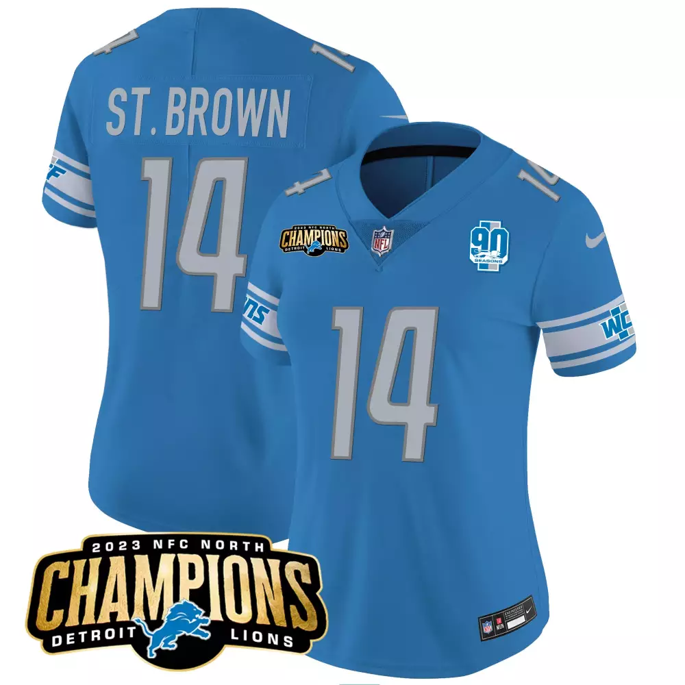 Aamaris Brown 14 Detroit Lions Jersey Blue 2023 NFC North Champions 90 Seasons Men