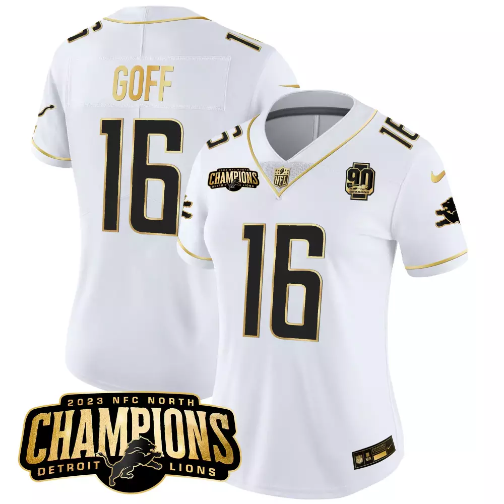 Jared Goff 16 Detroit Lions Jersey White 2023 NFC North Champions 90 Seasons Men