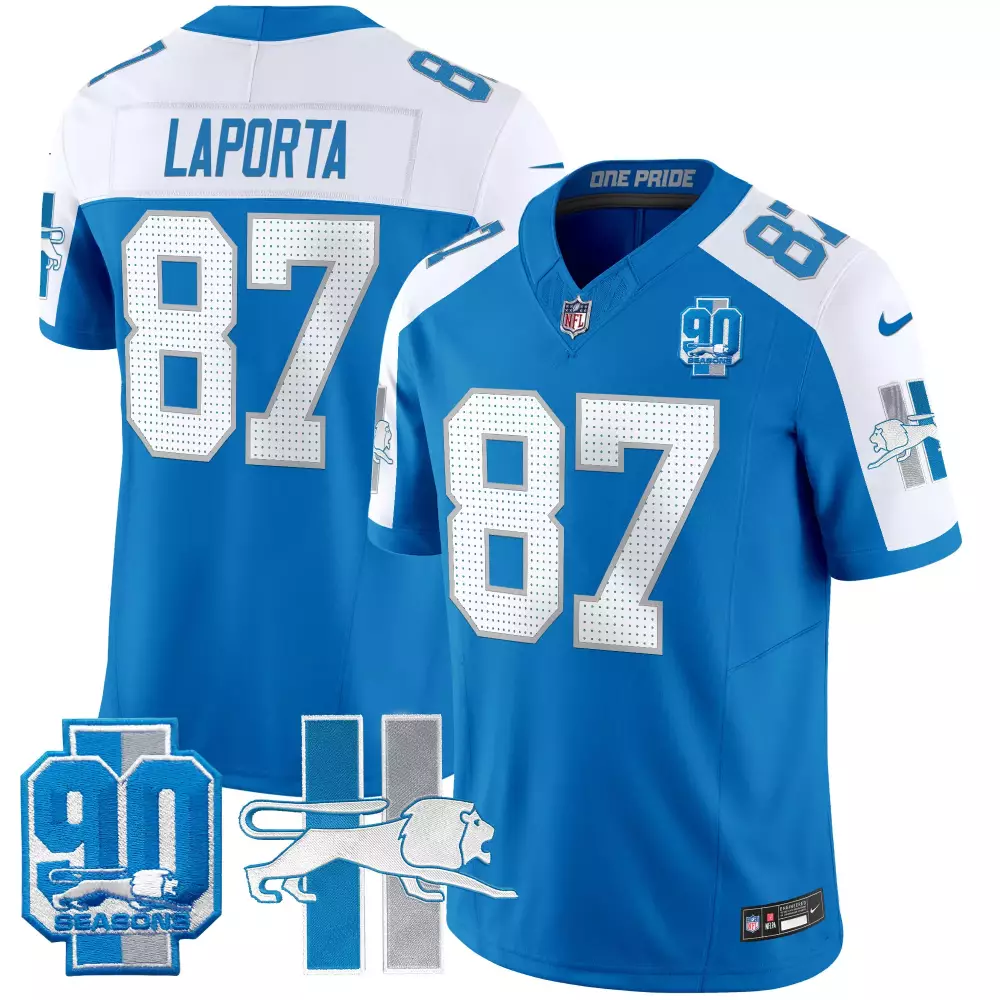 Sam Laporta 87 Detroit Lions Jersey Blue 90 Seasons Running Lion Men Standard White