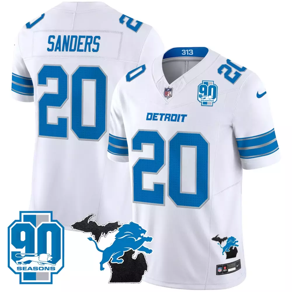 Barry Sanders 20 Detroit Lions Jersey White 90th Season 90 Seasons Men Uniform Blue