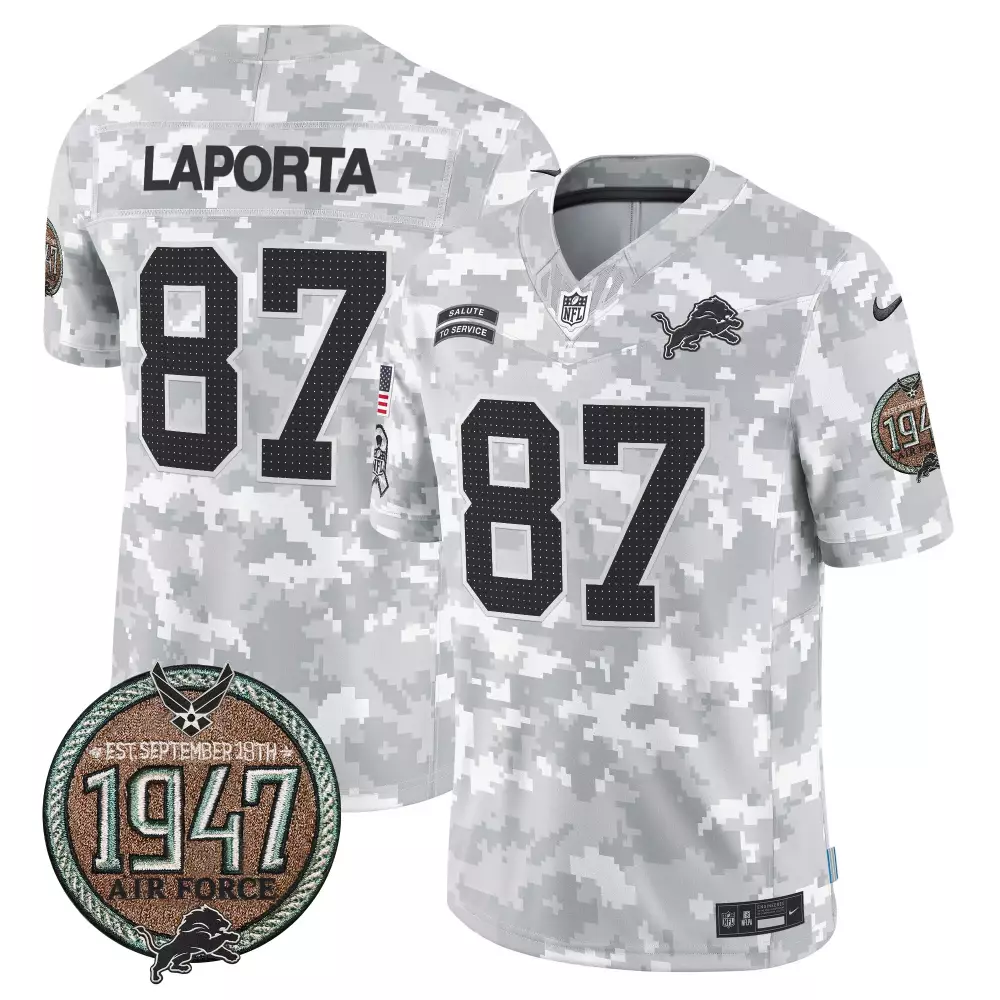 Sam Laporta 87 Lions Jersey White Salute To Service Us Flag Air Force 1947 Men Digital Camouflage