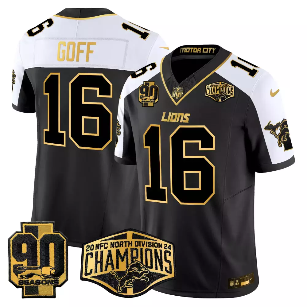 Jared Goff 16 Lions Jersey Black 2020 NFC North Division Champions 90 Seasons Men