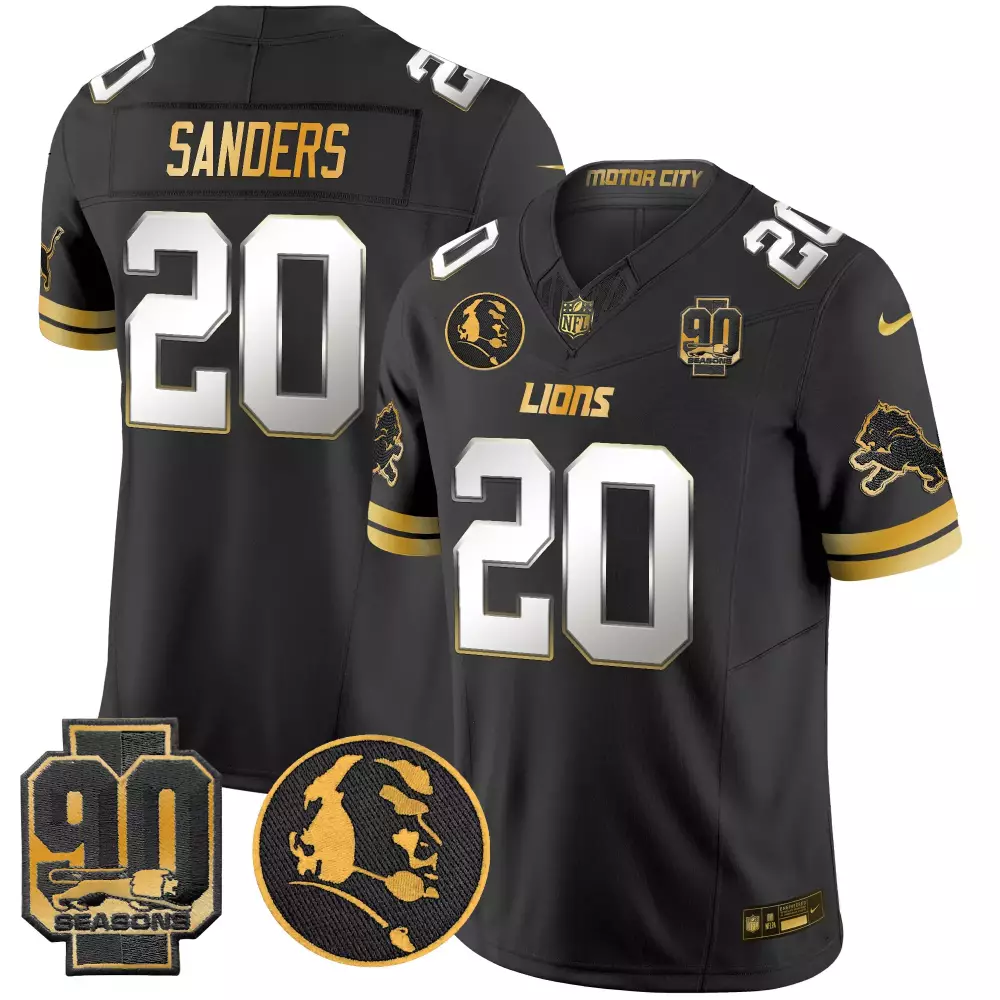Sanders 20 Lions Jersey Black 90th Anniversary 90 Seasons Motor City Men Gold White