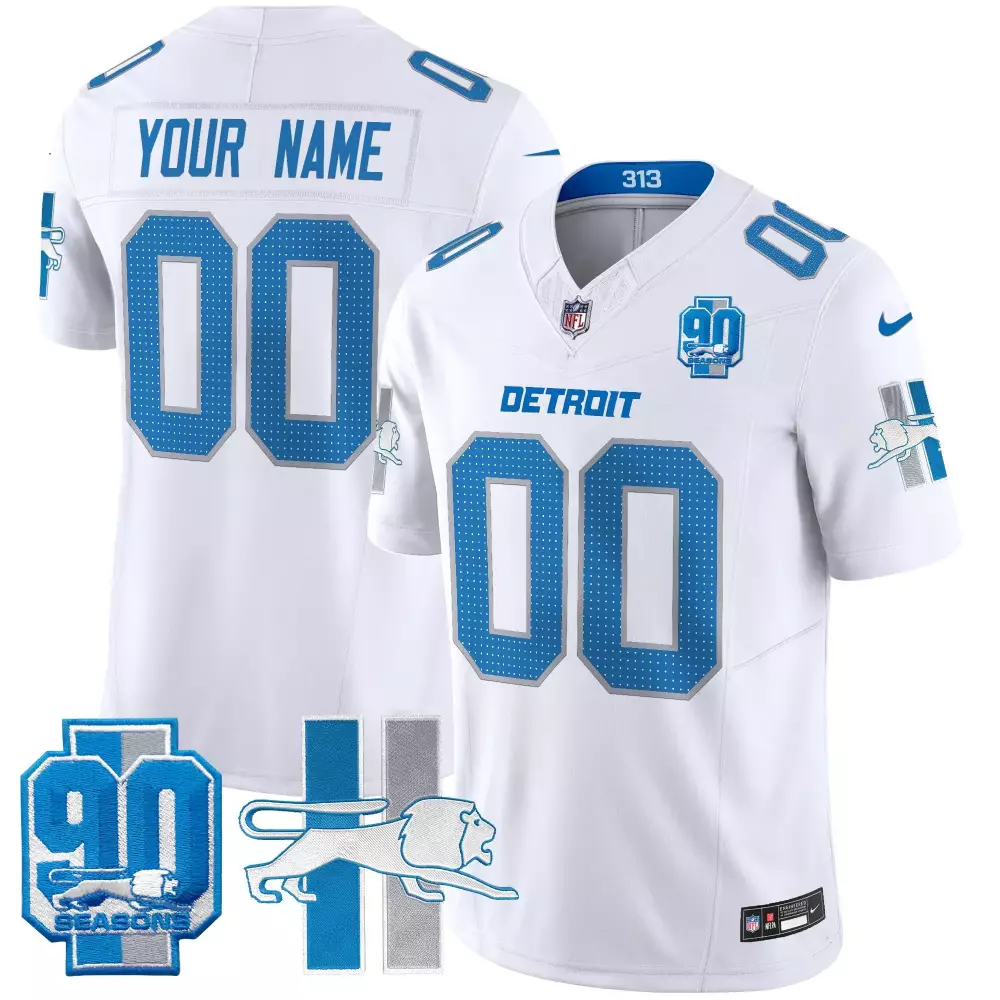 Custom Detroit Lions Jersey White 90th Season 90 Seasons Men Blue Silver Throwback