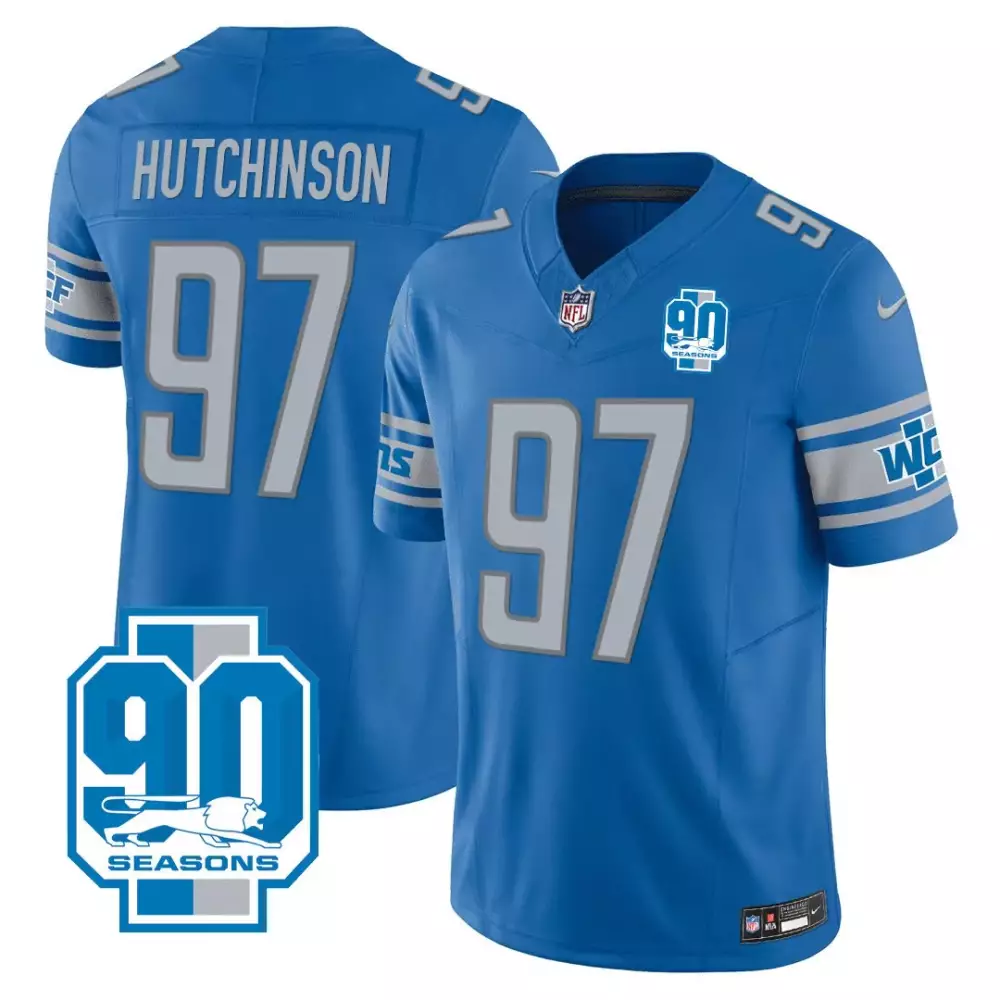 Aidan Hutchinson 97 Lions Jersey Blue 90 Seasons Men Silver White All Stitched Vapor