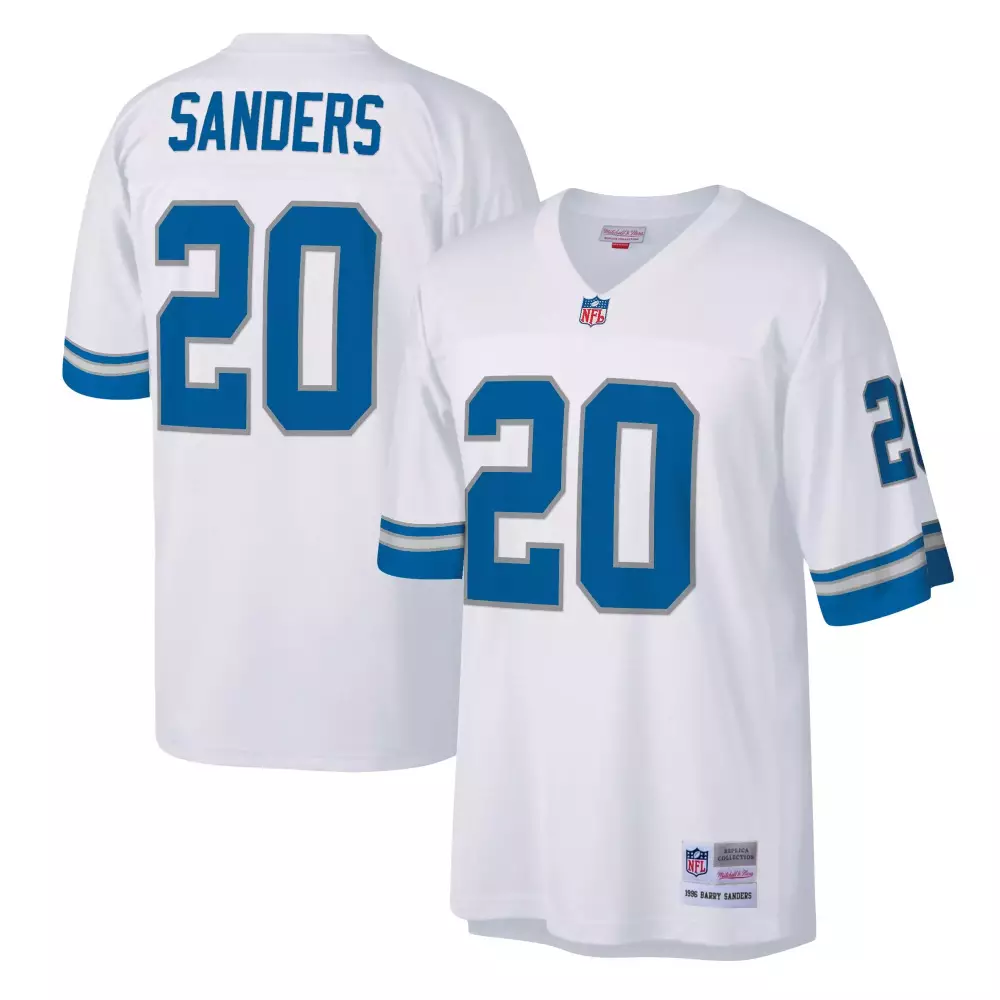 Barry Sanders 20 Detroit Lions Jersey White 1996 Men Replica Blue Grey All Stitched