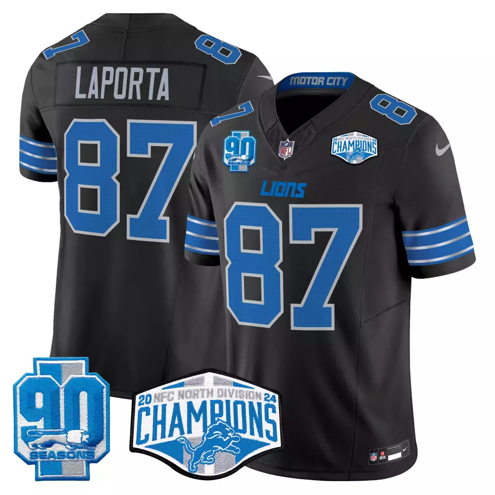 Sam Laporta 87 Lions Jersey Black 2024 NFC North Division Champions 90 Seasons Men