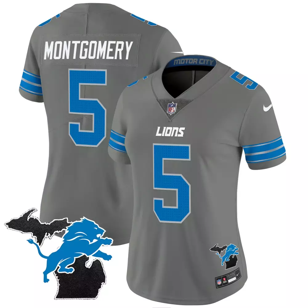 Montgomery Motor 5 Lions Jersey Gray Women Blue White All Stitched Vapor