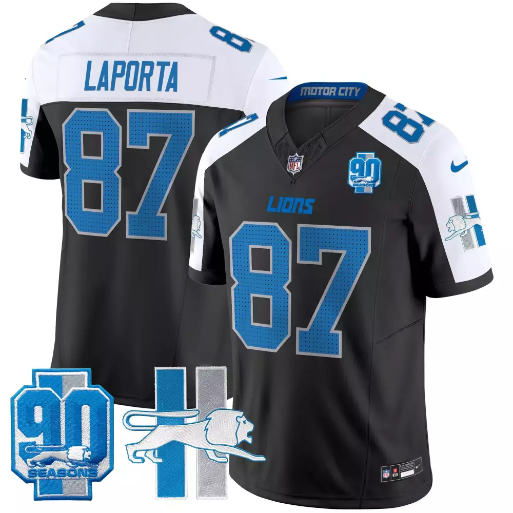 Sam Laporta 87 Lions Jersey Black 90 Seasons Motor City Men Standard White Blue Alternate