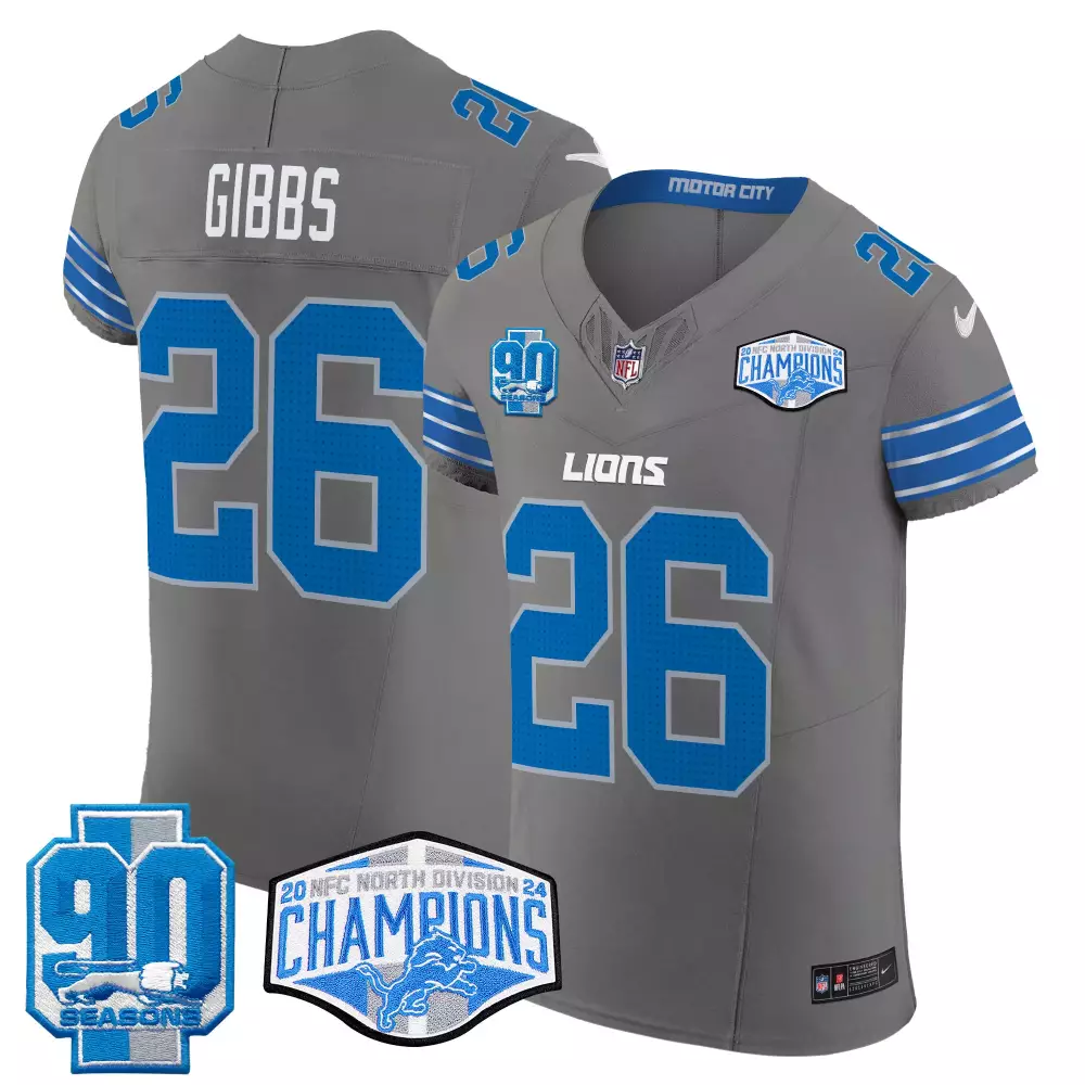 Jahmyr Gibbs 26 Lions Jersey Gray 2020 NFC North Division Champions 90 Seasons 2024