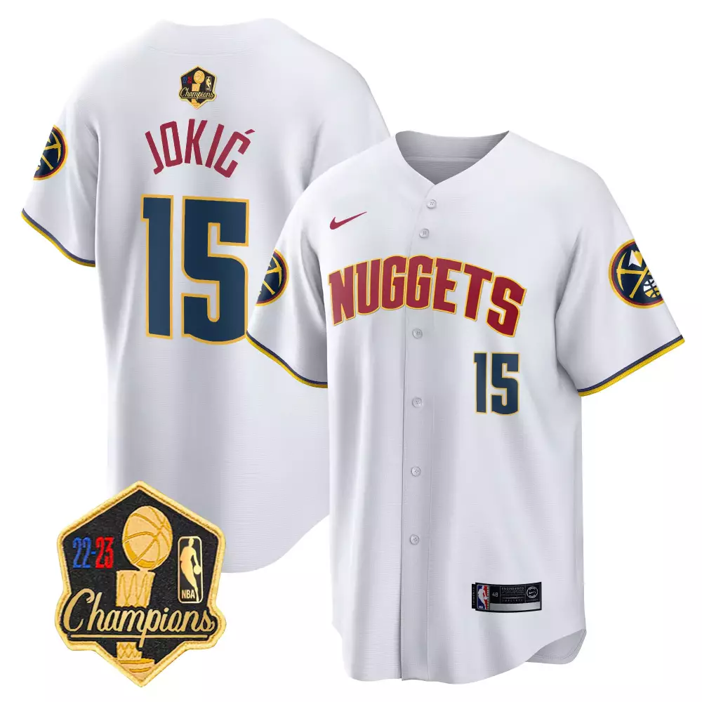 Nikola Jokic 15 Nuggets Jersey White 22-23 Champions Men Navy Yellow Red Limited