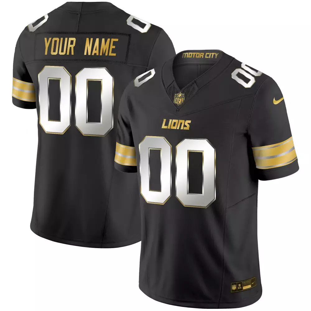 Custom Lions Jersey Black Motor City Gold Silver Limited Vapor All Stitched