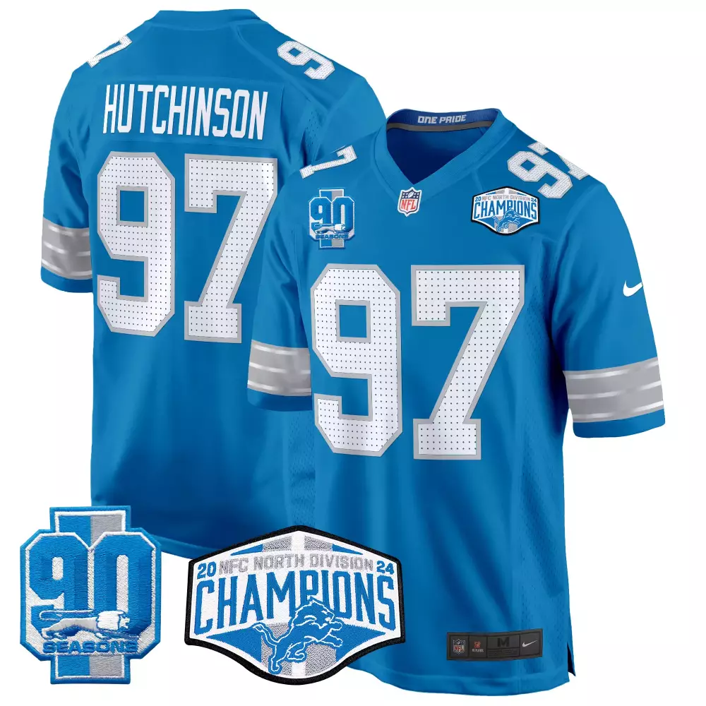 Hutchinson Division 97 Jersey Blue NFC North Champions Detroit Lions 90 Seasons 2024