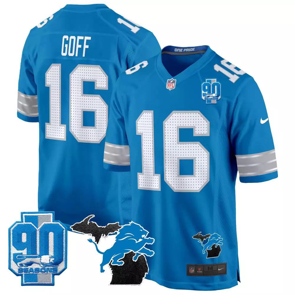 Jared Goff 16 Lions Jersey Blue 90th Season 90 Seasons 2023 Men Game Silver White