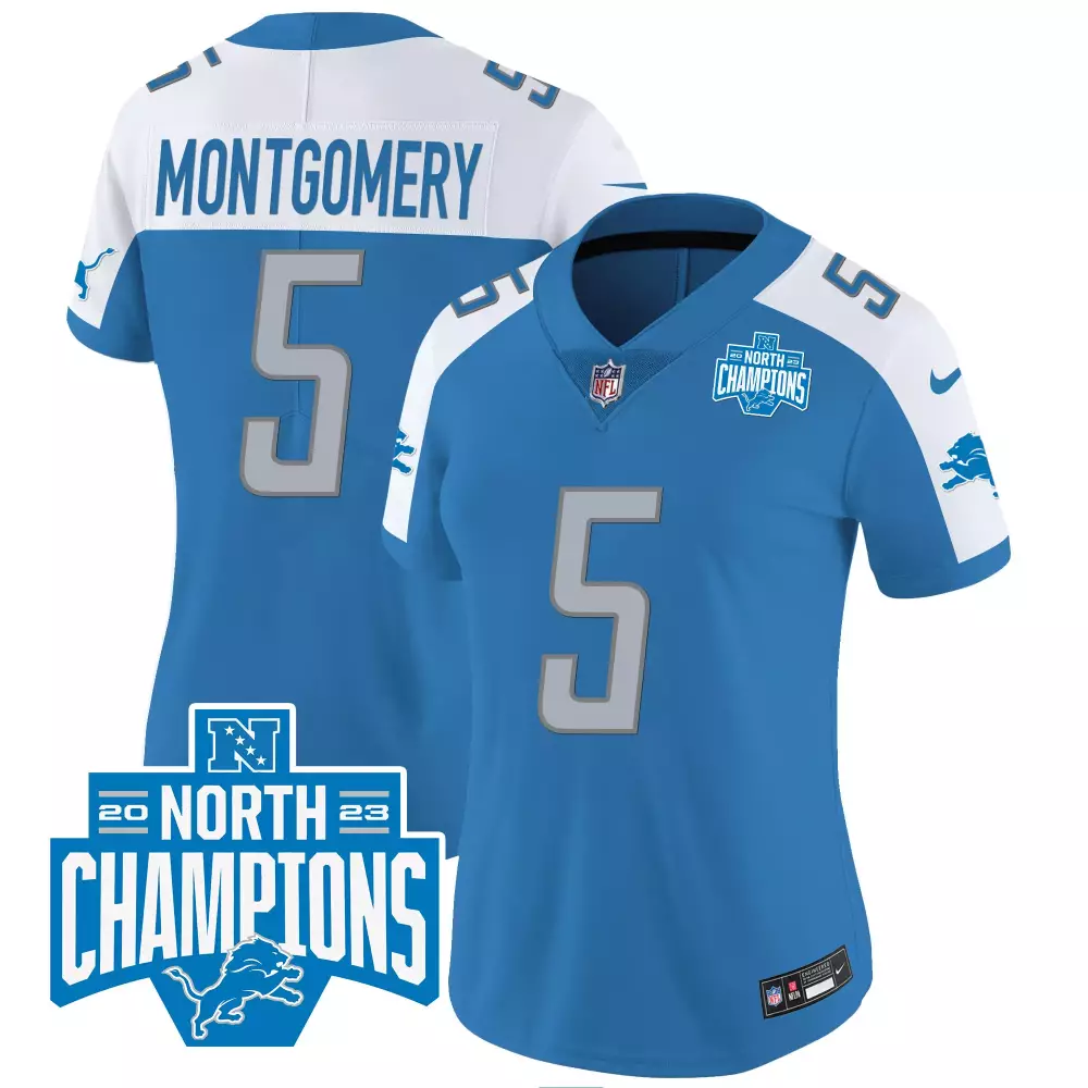 David Montgomery 5 Detroit Lions Jersey Blue North Champions 2023 Men Player White
