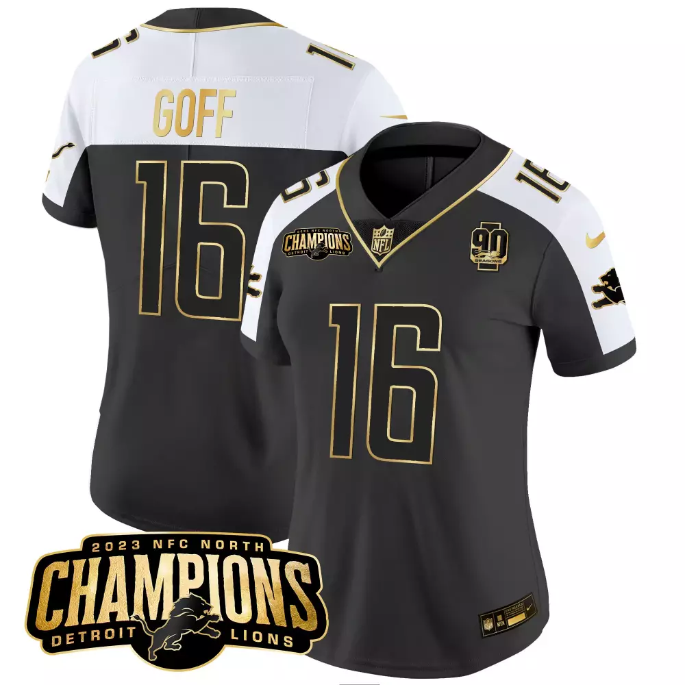 Jared Goff 16 Detroit Lions Jersey Black 2023 NFC North Champions 90 Seasons Men