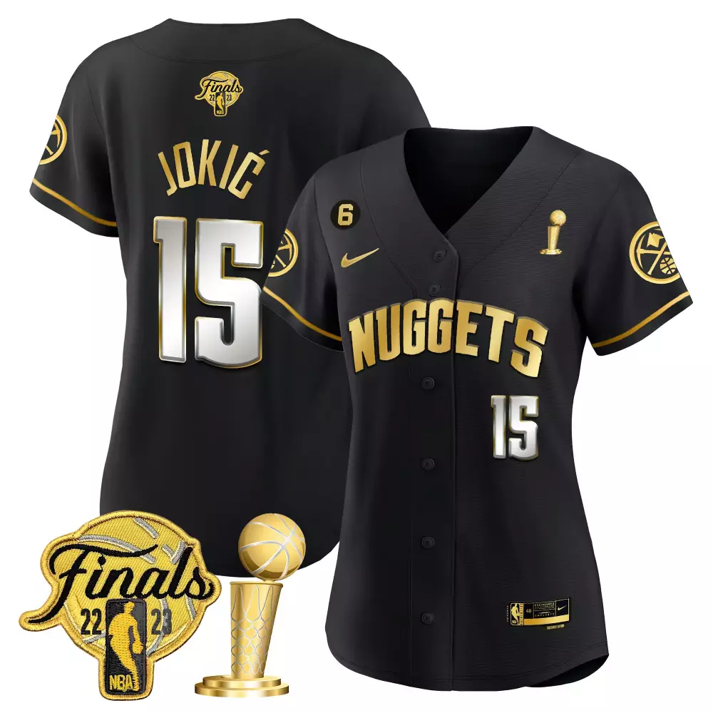 Jokić 15 Nuggets Jersey Black 2023 NBA Finals Champions Men Gold White All Stitched
