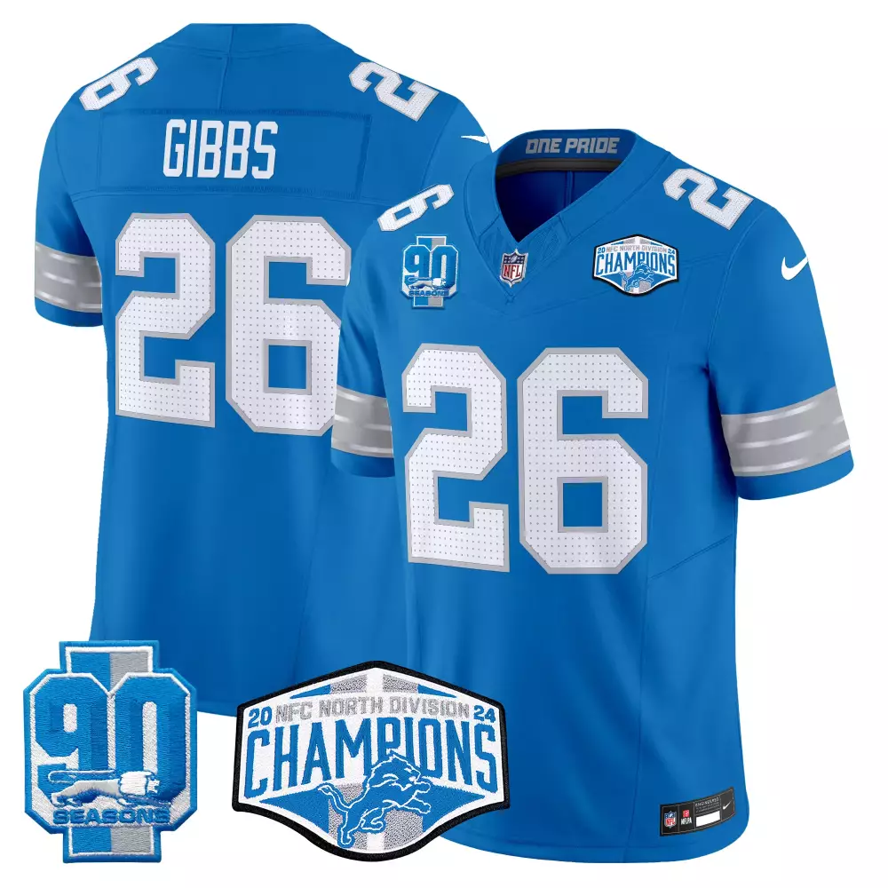 Jahmyr Gibbs 26 Lions Jersey Blue 2023 NFC North Division Champions 90 Seasons 2024