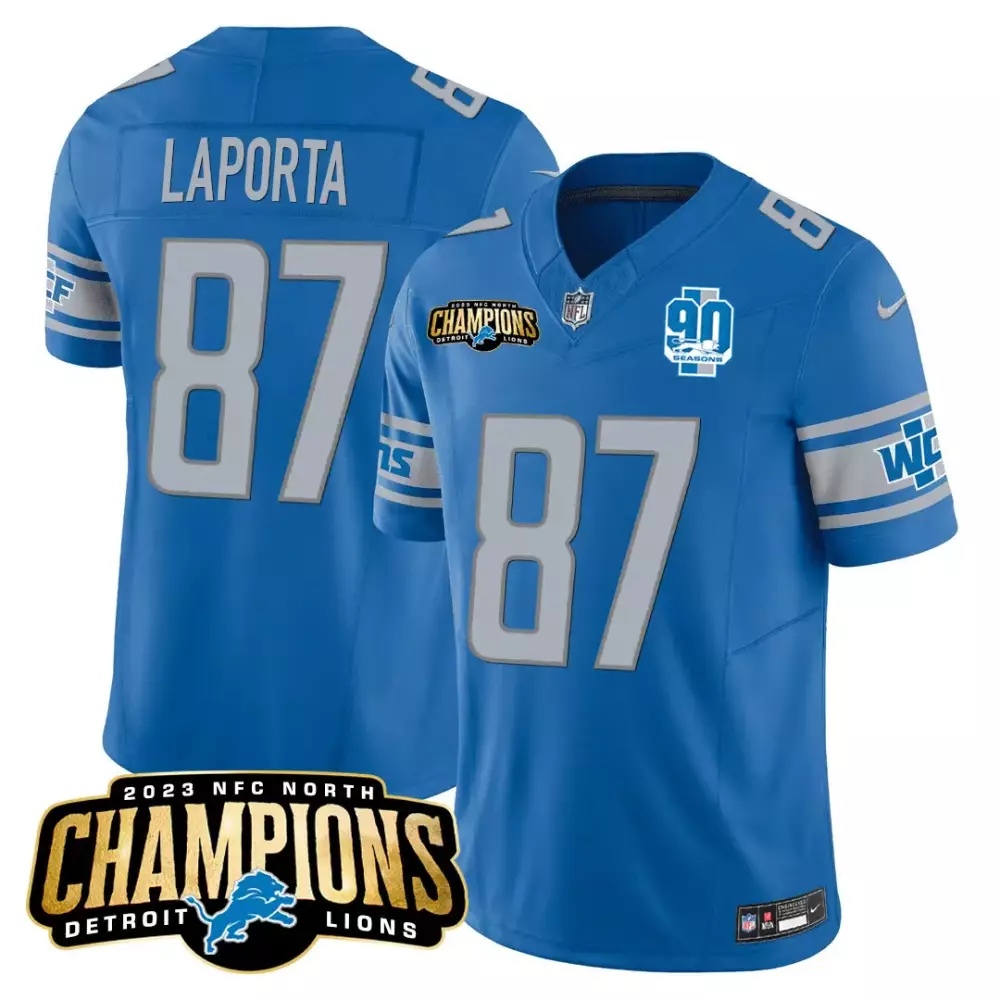 Sam Laporta 87 Detroit Lions Jersey Blue 2023 NFC North Champions 90 Seasons Men