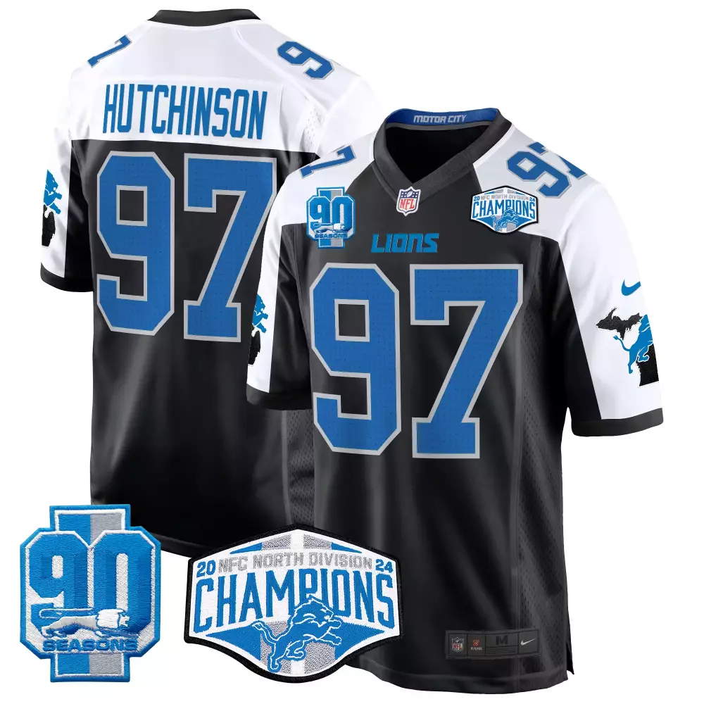 Hutchinson Division 97 Lions Jersey Black NFC North Champions 90 Seasons 2024 Men