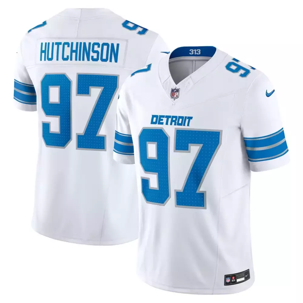Aidan Hutchinson 97 Detroit Lions Jersey White Men Blue Silver Vapor Limited