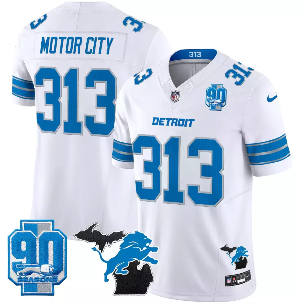 Motor City Detroit Lions Jersey White 90th Season 90 Seasons Michigan Outline Men