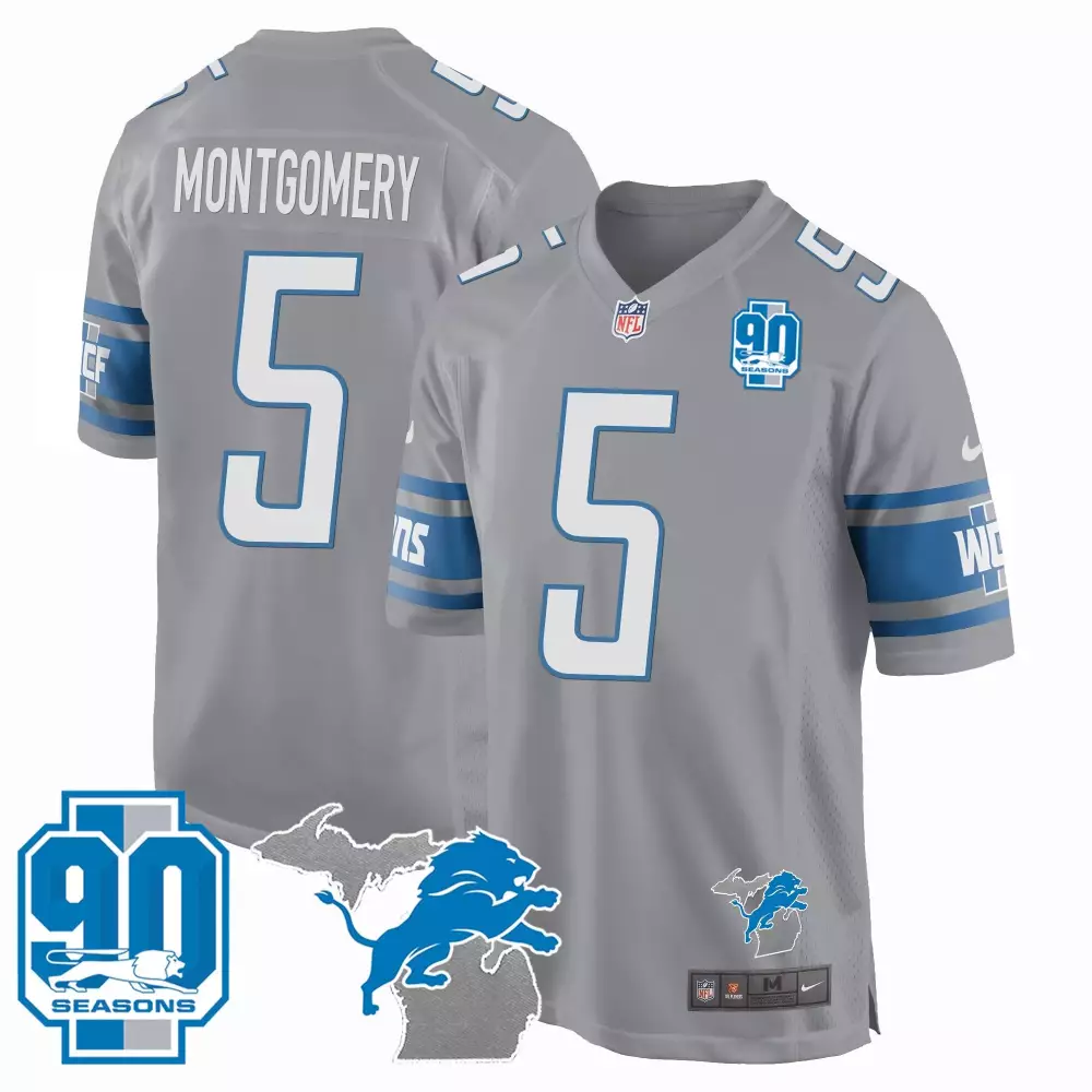 David Montgomery 5 Lions Jersey Gray 90 Seasons Men Blue White Game All Stitched