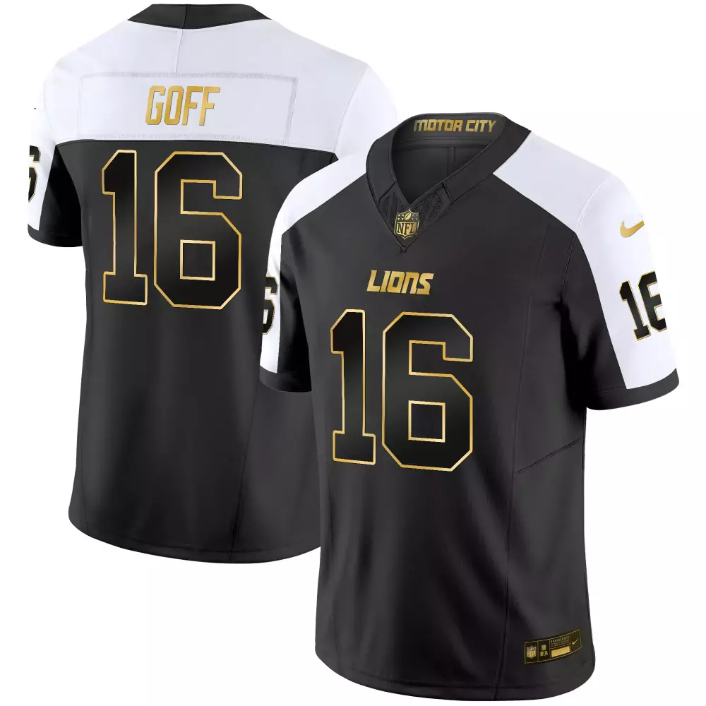 Jared Goff 16 Lions Jersey Black Men Split Design White Gold Stitched