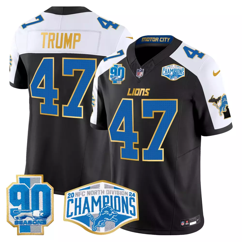 Donald Trump 47 Lions Jersey Black 90 Seasons Men Blue White Gold Alternate Vapor
