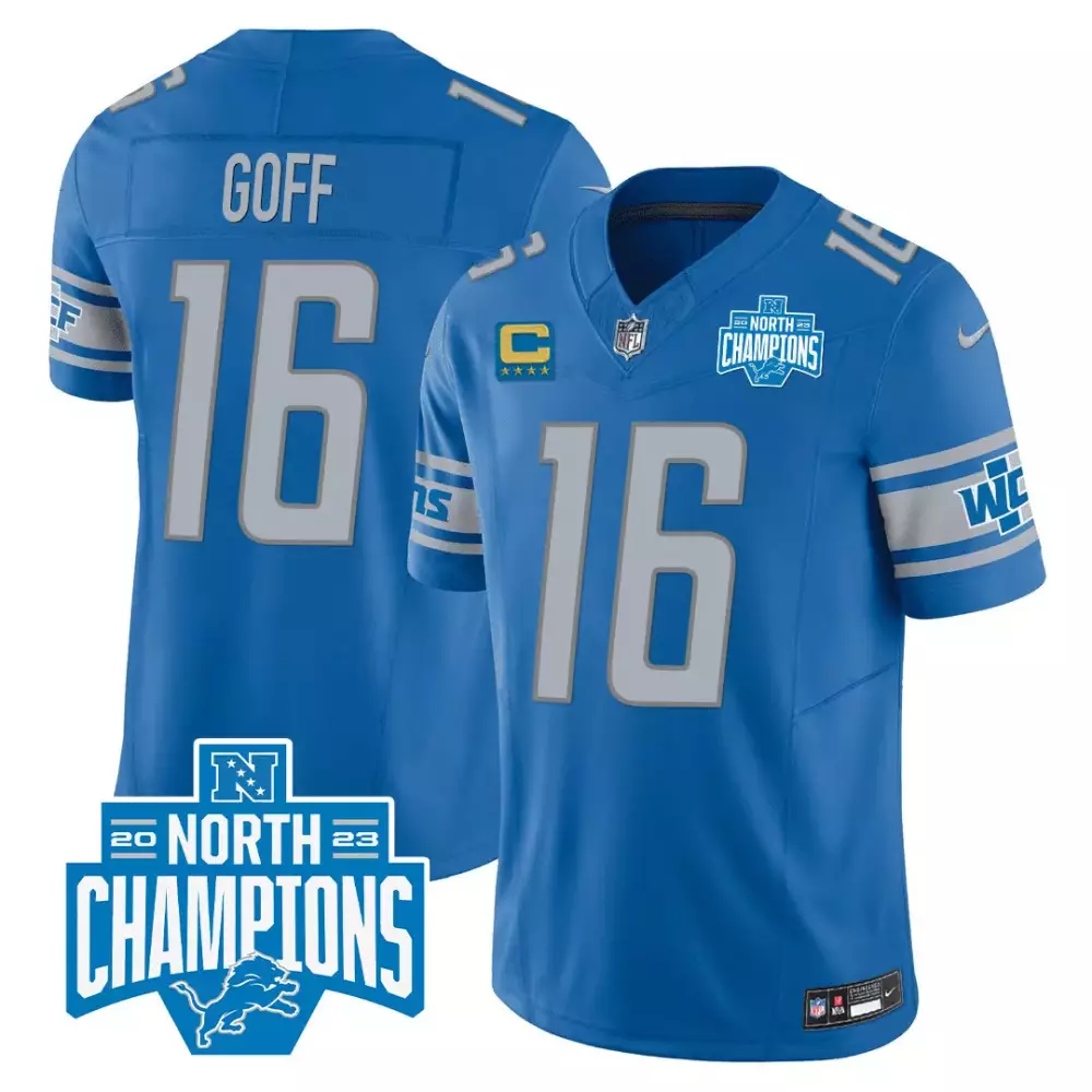 Jared Goff 16 Lions Jersey Blue 2023 North Champions Men Silver White Vapor All Stitched