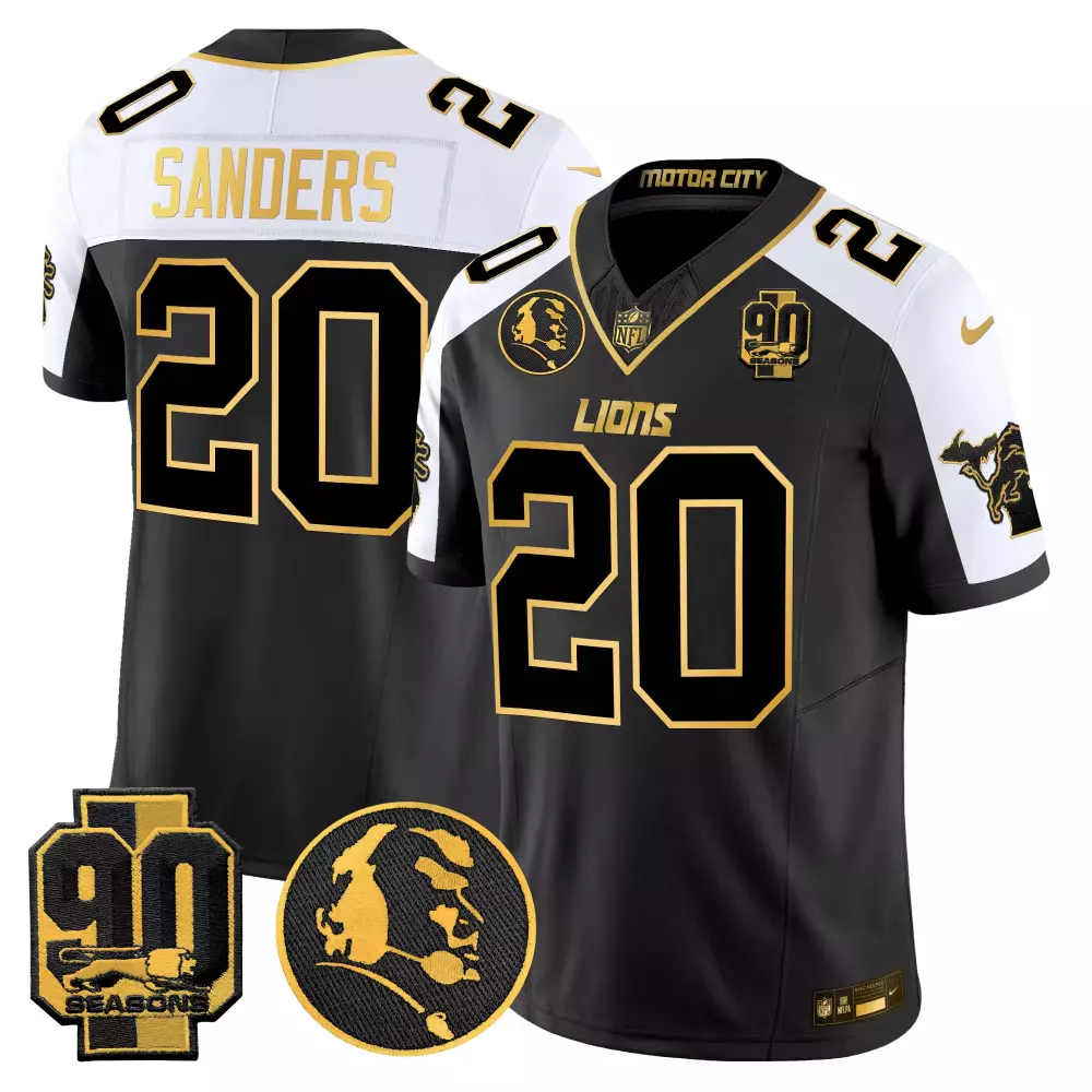 Sanders 20 Lions Jersey Black 90th Season 90 Seasons Men NFL White Gold Alternate
