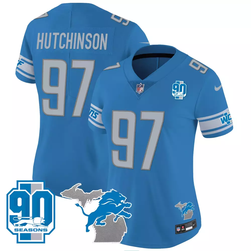 Hutchinson Year 97 Detroit Lions Jersey Light Blue 90 Seasons Men White Gray Vapor