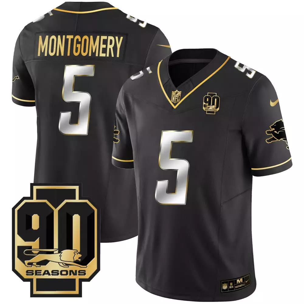 David Montgomery 5 Lions Jersey Black 90th Anniversary 90 Seasons Men Gold Silver