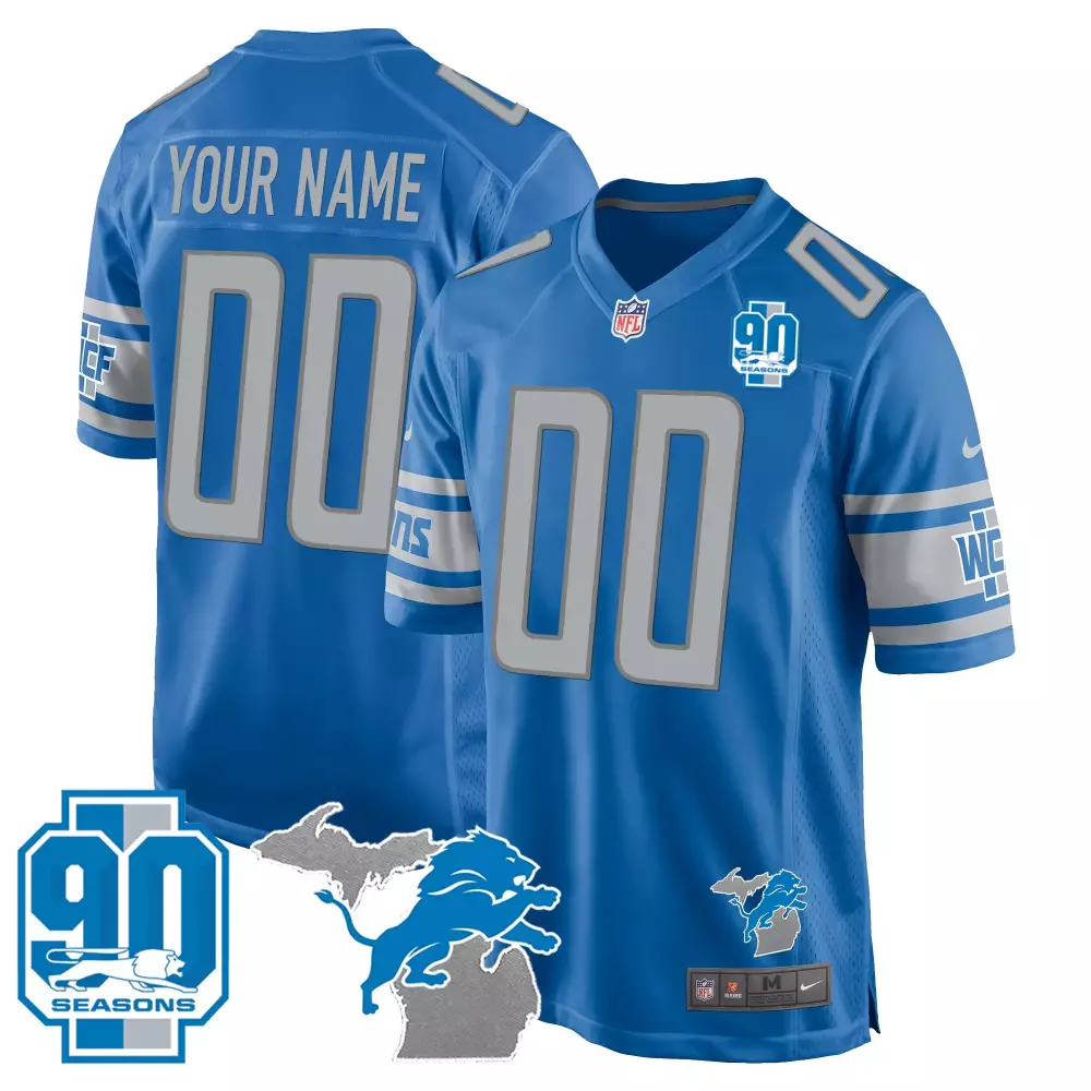 Custom Detroit Lions Jersey Blue 90 Seasons Men Standard Silver White All Stitched