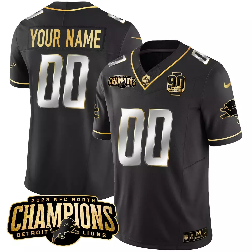 Custom Detroit Lions Jersey Black 2023 NFC North Champions 90 Seasons Men Gold Silver