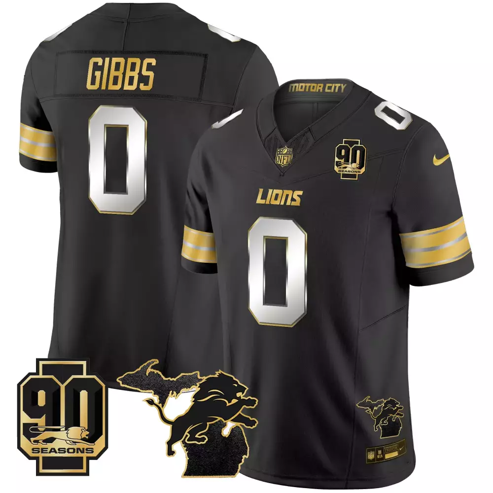 Gibbs Year Lions Jersey Black 90th Season 90 Seasons Michigan Outline Lion 2023 Men