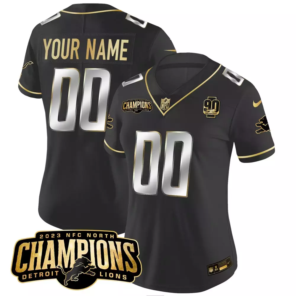 Custom Detroit Lions Jersey Black 2023 NFC North Champions 90 Seasons Men Gold Silver