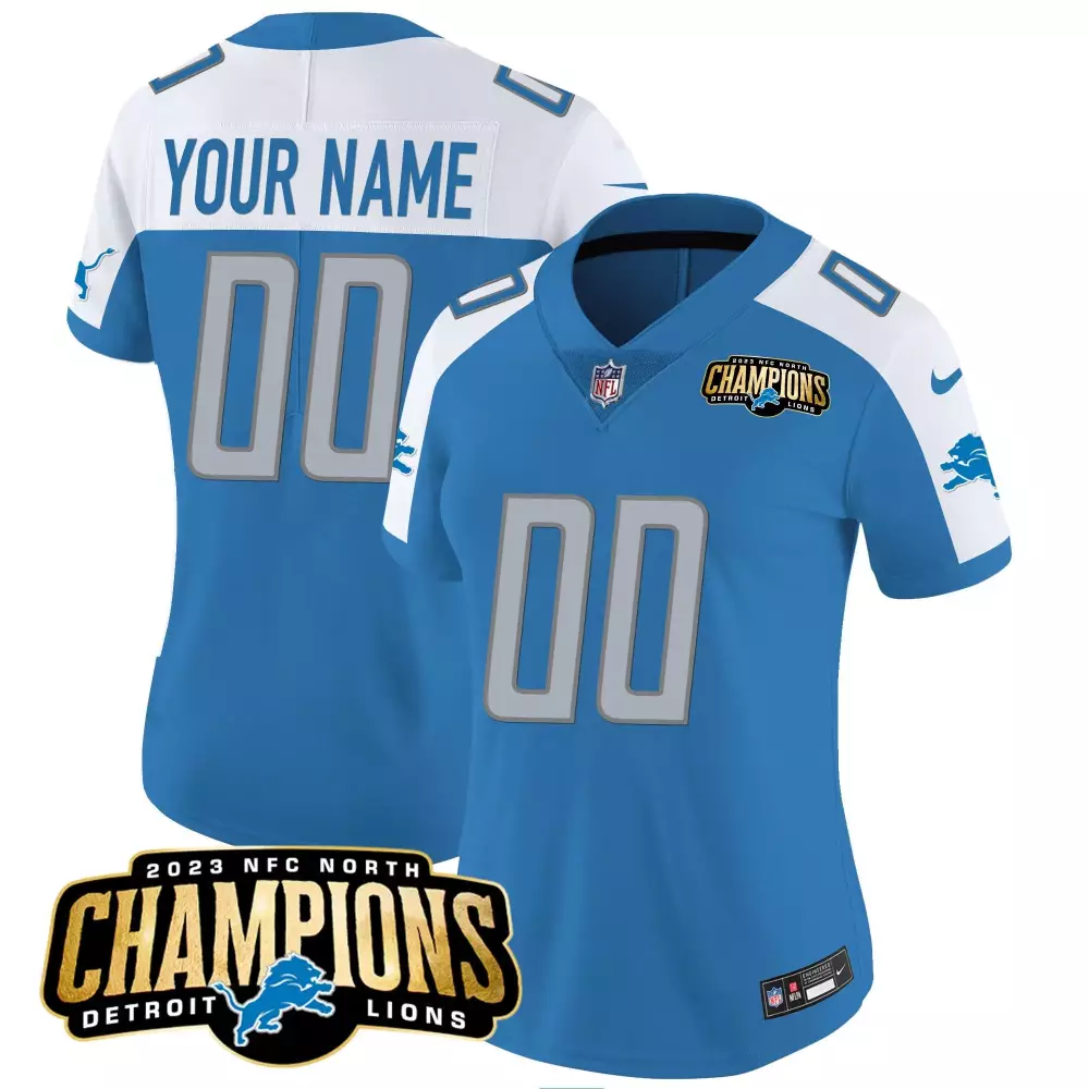 Custom Detroit Lions Jersey Blue 2023 NFC North Champions Men White Silver Alternate