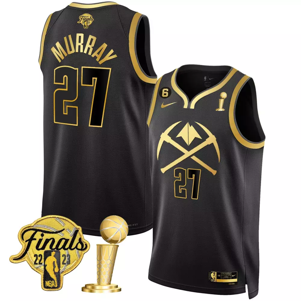 Jamal Murray 27 Nuggets Jersey Black NBA Finals 2023 Championship Trophy Men Gold